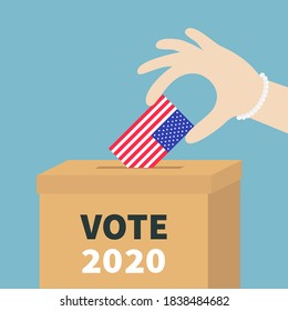 President election day Vote 2020. Ballot Voting box Woman holding American flag paper blank bulletin concept. Polling station. Isolated Blue background Flat design. Invitation Card Vector illustration