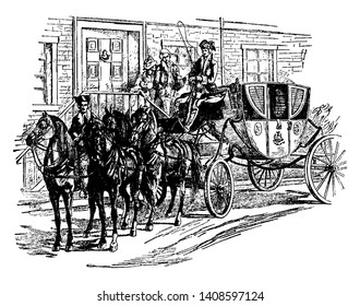 The President Equipage is an elegant horse drawn carriage with its retinue of servants is an equipage, vintage line drawing or engraving illustration.