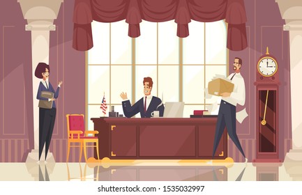 President In Executive Office At Desk With Secretary And Chief Of Staff Flat Composition Workplace Interior Vector Illustration 