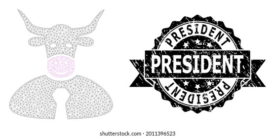 President grunge seal imitation and vector bull boss mesh model. Black stamp seal includes President text inside ribbon and rosette. Abstract 2d mesh bull boss, created from flat mesh.