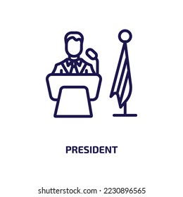 Präsident Symbol aus der Berufskollektion. Dünner linearer Präsident, Anführer, Diskussionsrahmen Symbol einzeln auf weißem Hintergrund. Zeilenvektorpräsidialzeichen, Symbol für Web und Mobile