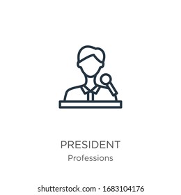 Icono del presidente. Icono de contorno lineal delgado aislado en el fondo blanco de la colección de profesiones. Signo vectorial de línea, símbolo para web y móvil