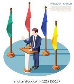 President near tribunes with microphones during public speech surrounded by colorful flags isometric composition vector illustration