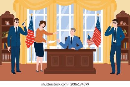 President sitting at his desk at office with female secretary and two bodyguards flat vector illustration