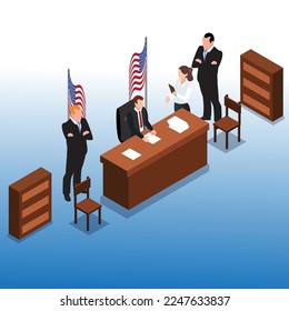 President sitting at his desk at office with female secretary and two bodyguards isometric 3d vector illustration concept for banner, website, illustration, landing page, flyer, etc.