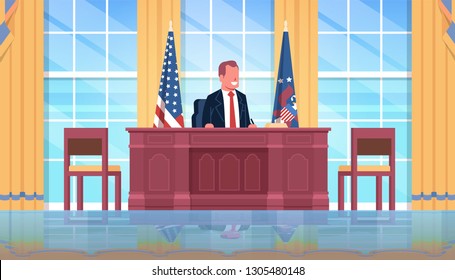 president sitting workplace wooden furniture USA national flag oval office white house cabinet interior male leader of the united states portrait flat horizontal