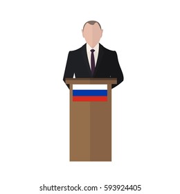 President speaks to people from tribune. Flat tribune Icon web. President debates. Vector illustration