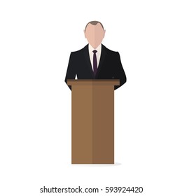 President speaks to people from tribune. Flat tribune Icon web. President debates. Vector illustration