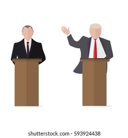 President speaks to people from tribune. Flat tribune Icon web. President debates. Vector illustration