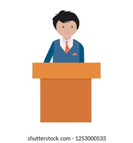 President Speech With Podium Flat Icon - Public Speaker Character Vector Illustration. CEO