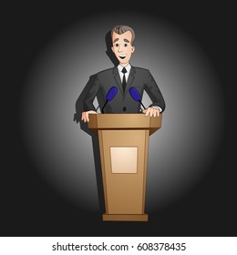 President or spokesman or man in black suit taking speech from tribune drawn in cartoon style