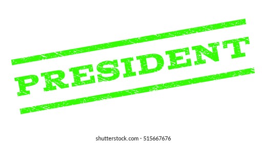 President watermark stamp. Text caption between parallel lines with grunge design style. Rubber seal stamp with dirty texture. Vector light green color ink imprint on a white background.