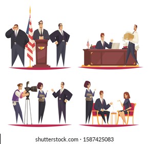 President at work concept 4 flat cartoon compositions with podium speech guards interview in office vector illustration 