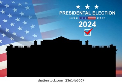 Banner de las elecciones presidenciales de 2024 con la bandera de la Casa Blanca y Estados Unidos contra la puesta de sol. Vector EPS10