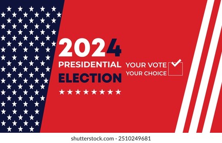 Dia da eleição presidencial. Vote em 2024 nos EUA, design de banner.Campanha eleitoral política.Elemento patriótico americano. Cartaz, cartão, faixa e fundo. Ilustração vetorial. 
