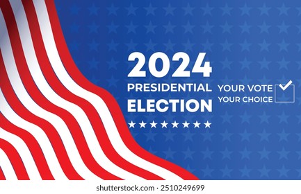 Tag der Präsidentschaftswahl. Stimmen Sie 2024 in den USA, Banner Design.Politische Wahlkampagne.Patriotic amerikanischen Element. Poster, Karte, Banner und Hintergrund. Vektorgrafik. 
