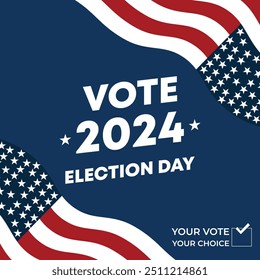 Presidental election day. Vote 2024 in USA, banner design.Political election campaign.Patriotic American element. Poster, card, banner and background. Vector illustration. 
