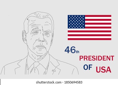 president-elect of United states in the 2020 presidential election realistic portrait drawn with pencil with USA national flag over a light background. 46th president of USA. Democratic party