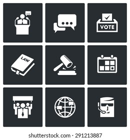 Presidential candidate and elections icons set. Vector Illustration.
Isolated Flat Icons collection on a black background for design