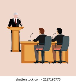 Presidential Candidate Making A Speech Behind The Stands In Front Of The Panelists. Concept Of Political Debate. Vector Colorful Illustration. 