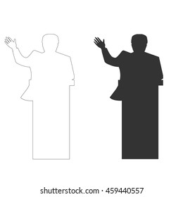 Presidential candidate silhouette speaks to people from tribune. Black and line silhouette Icon web. President debates. Vector illustration