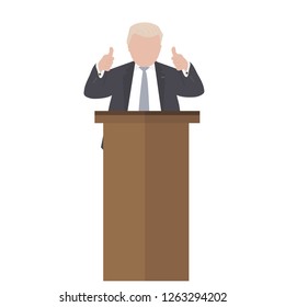 Presidential candidate speaks to people from tribune. Flat tribune Icon web. President debates. Vector illustration