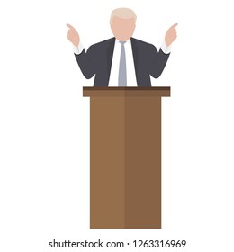 Presidential candidate speaks to people from tribune. Flat tribune Icon web. President debates. Vector illustration svg