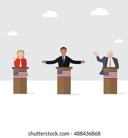 Presidential candidate speaks to people from tribune. Flat tribune Icon web. President debates. Vector illustration