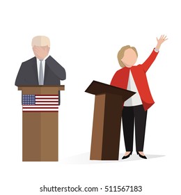 Presidential candidate speaks to people from tribune. Flat tribune Icon web. President debates. Vector illustration