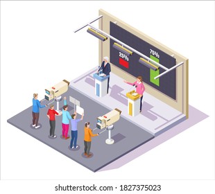 Presidential Candidates Debate In TV Show Studio. Political Debate And Democracy Concept Vector Illustration In Isometric Style. Election Poll Results.