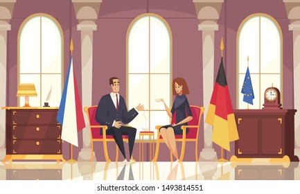 Presidential coffee conversation flat composition with office interior negotiations with foreign diplomatic representative state flags vector illustration 