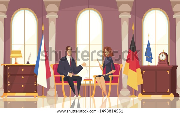 Presidential coffee conversation\
flat composition with office interior negotiations with foreign\
diplomatic representative state flags vector illustration\
