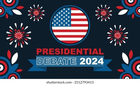 Presidential Debate 2024 vector banner design with United states flag theme colors, stars and stripes.