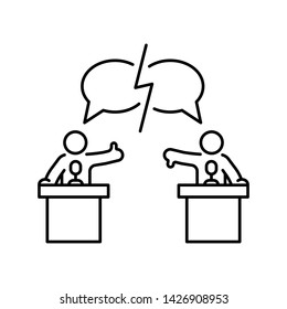 Presidential debate concept outline icon. Two man dispute behind tribune