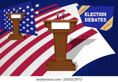 Presidential debate dark blue background with two podiums, flag, stars. Nameplate with text. Geometry, antisymmetry. US elections, voting. Vector illustration.