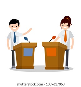 Presidential debate. Dialogue between man and woman behind the podium. speech of lecturer at lectures. Political election and voting. Controversy girl and guy in suits. Red vs blue. Flat cartoon svg