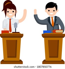 Presidential Debate. Dialogue Between Man And Woman Behind The Podium. Speech Of Lecturer At Lectures. Controversy Girl And Guy In Suits. Red Vs Blue. Flat Cartoon. Political Election And Voting