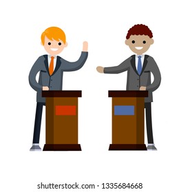 Presidential Debate. Dialogue Between Two Men Behind Podium. The Speech Of The Lecturer At Lectures. Political Election And Voting. Controversy Guys In Suits. Red Vs Blue. Cartoon Flat Illustration