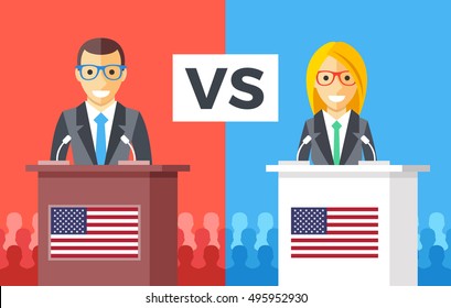 Presidential debates. Candidates at rostrums with United States flags. People silhouettes behind. Man and woman discussing politics. USA presidential elections concept. Flat design vector illustration