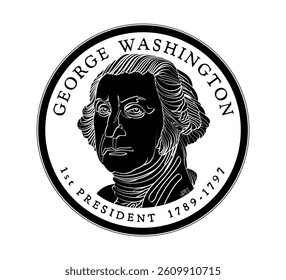 Presidential dollar coin, with first President of the United States George Washington. The coin is depicted in black and white. Vector illustration.