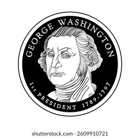Presidential dollar coin, with first President of the United States George Washington. The coin is depicted in black and white. Vector illustration.
