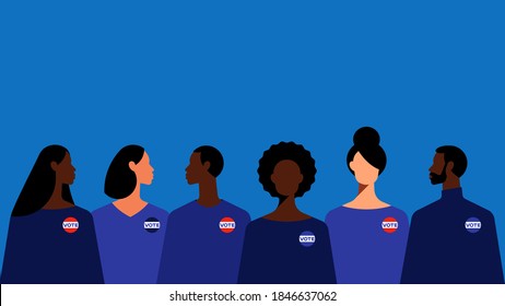 The presidential election of 2020. American citizens with different skin colors, gender, and age. People with the "VOTE" pin on their clothes. The concept of choice, voting, and solidarity. 