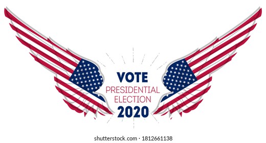 Präsidentschaftswahl 2020 in den USA. Wahlplakat. Druck von T-Shirt für den Wahlkampf der politischen Wahl. Stilisierte Wings in amerikanischen Flaggenfarben und Symbolen.