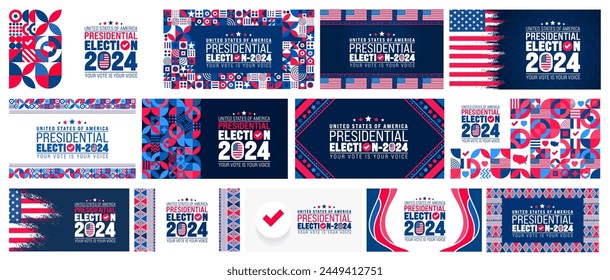 Presidential election 2024 background design template big bundle with USA flag. Vote in USA flag banner design. Election voting poster. president voting 2024. Political election 2024 campaign