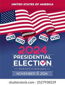 Presidential election 2024 design template with USA flag. Election voting vector poster. President voting November 5, 2024. Vote in USA flag banner design background. Political election 2024 campaign.