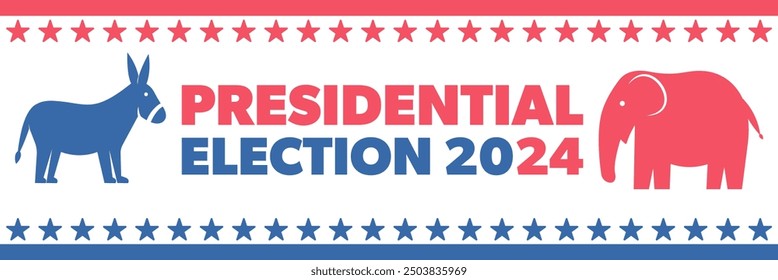 Presidential election 2024, donkey and elephant icon, text and stars. Democrats and republicans campaign. Vector banner and background. Electoral symbols, us.