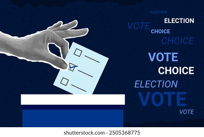 Presidential Election 2024. Halftone hand putting a ballot in a voting box. Vote day, collage. Vector illustration