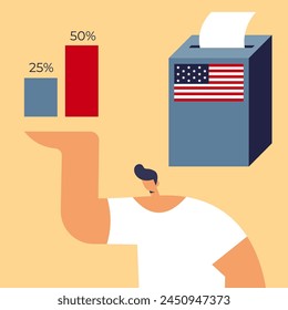 Presidential election 2024. Man vote at the polling station. USA People place paper ballots in the ballot box. Observers Boy counting results. Flat vector illustration.