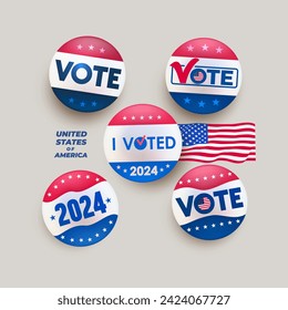 Presidential election 2024 , red, blue vote vector button set. Collection of Vote, badges in American style, color and design. Badge isolated on white background. Vector illustration.