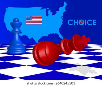 Presidential election. American politics. Politics is like a game of chess with a king and queen on a chessboard. The red king is down. The blue ones are winning.